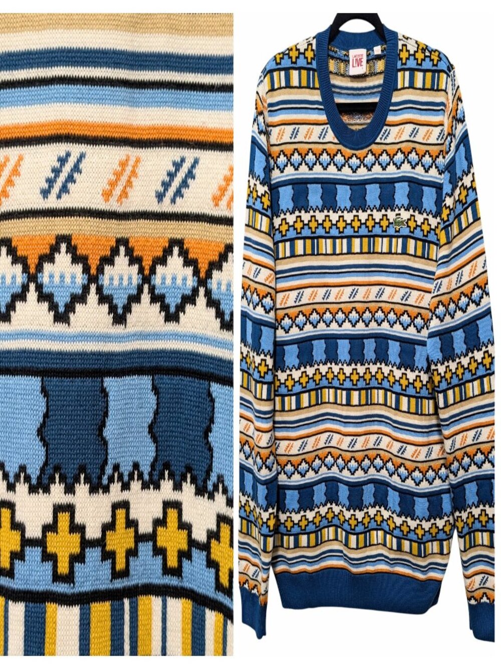 Lacoste Live Mens Sz 5 (L)  Blue Yellow Orange Aztec Geometric Print L/S Sweater